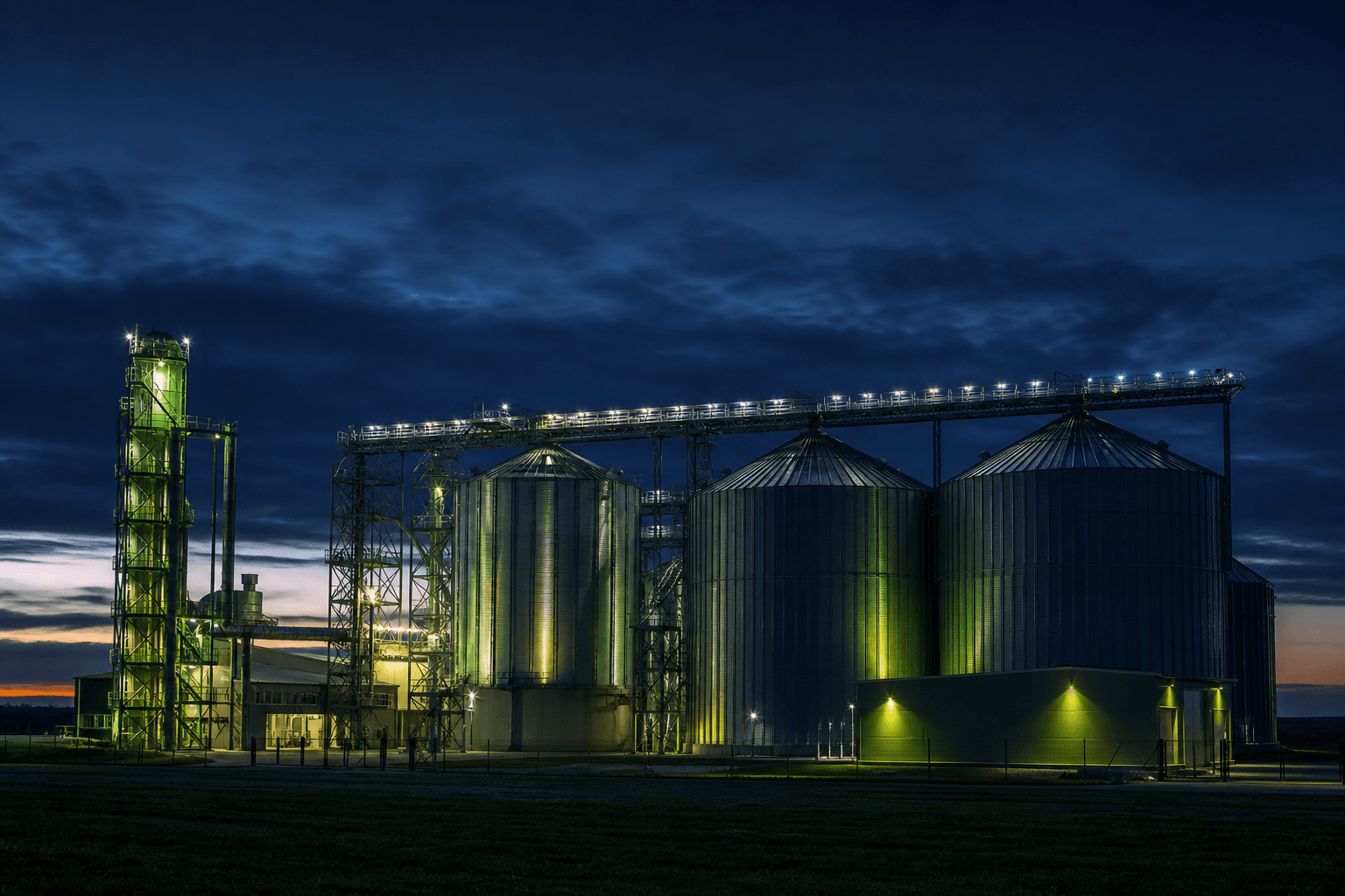 Agro-industrial complex with silos and conveyor systems at dusk